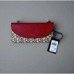 DKNY Signature Logo Wallet Clutch Red Beige Snap Closure NWT